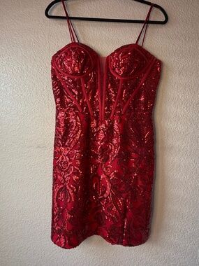 Camille La Vie Red Sequin Corset Mini Dress | Lace-Up Back | Size 8